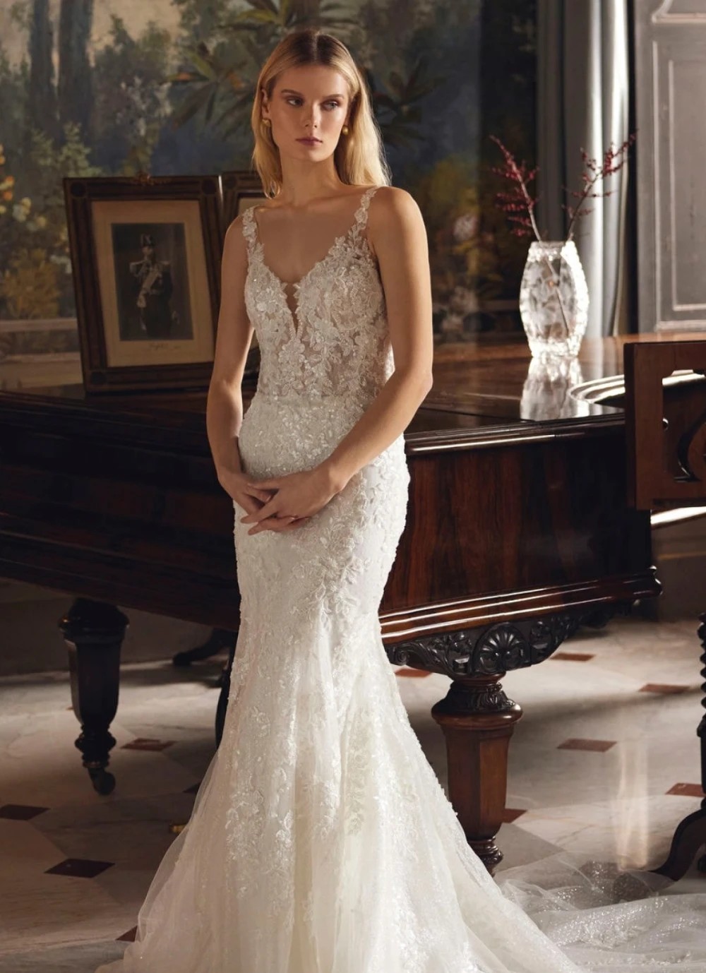 Model wearing a white gown