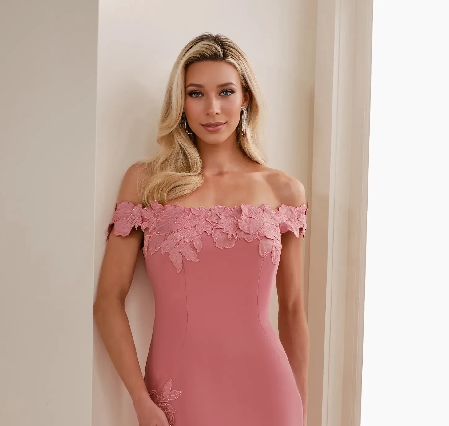 Model wearing a white mother dress