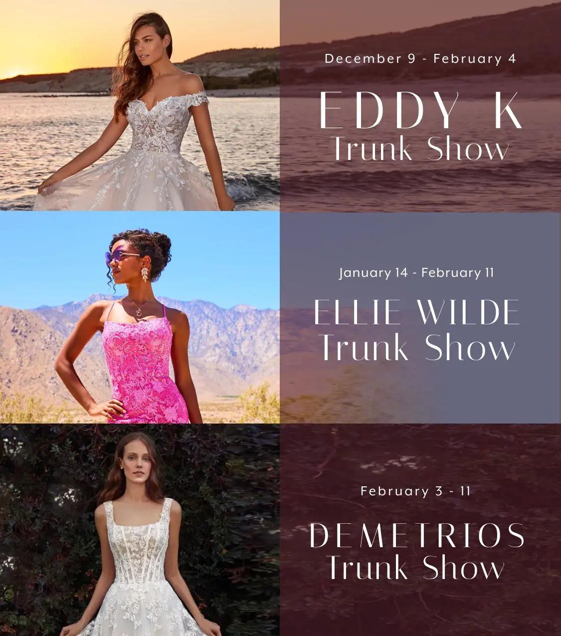 "Eddy K Trunk Show, Ellie Wilde Trunk Show, Demetrios Trunk Show" banner for mobile