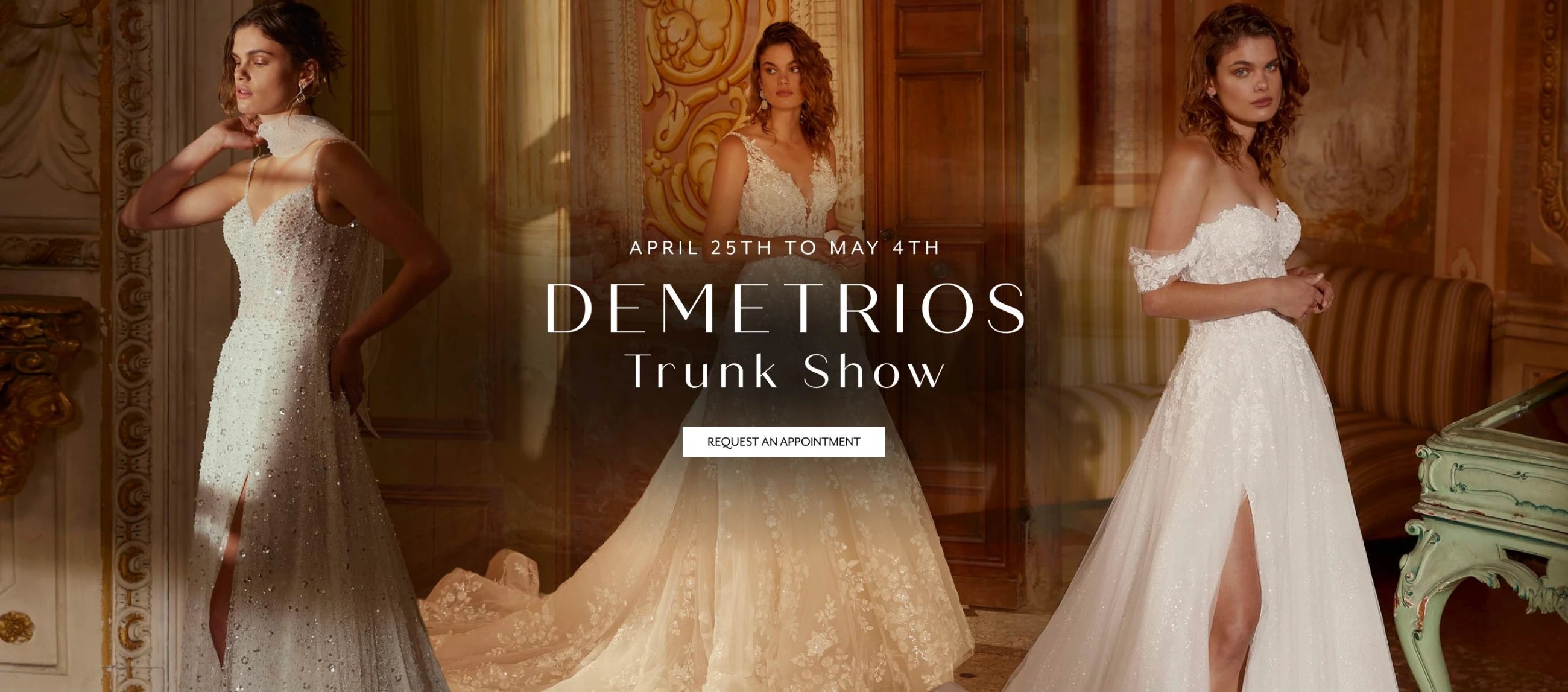 3 models wearing Demetrios gowns, desktop banner