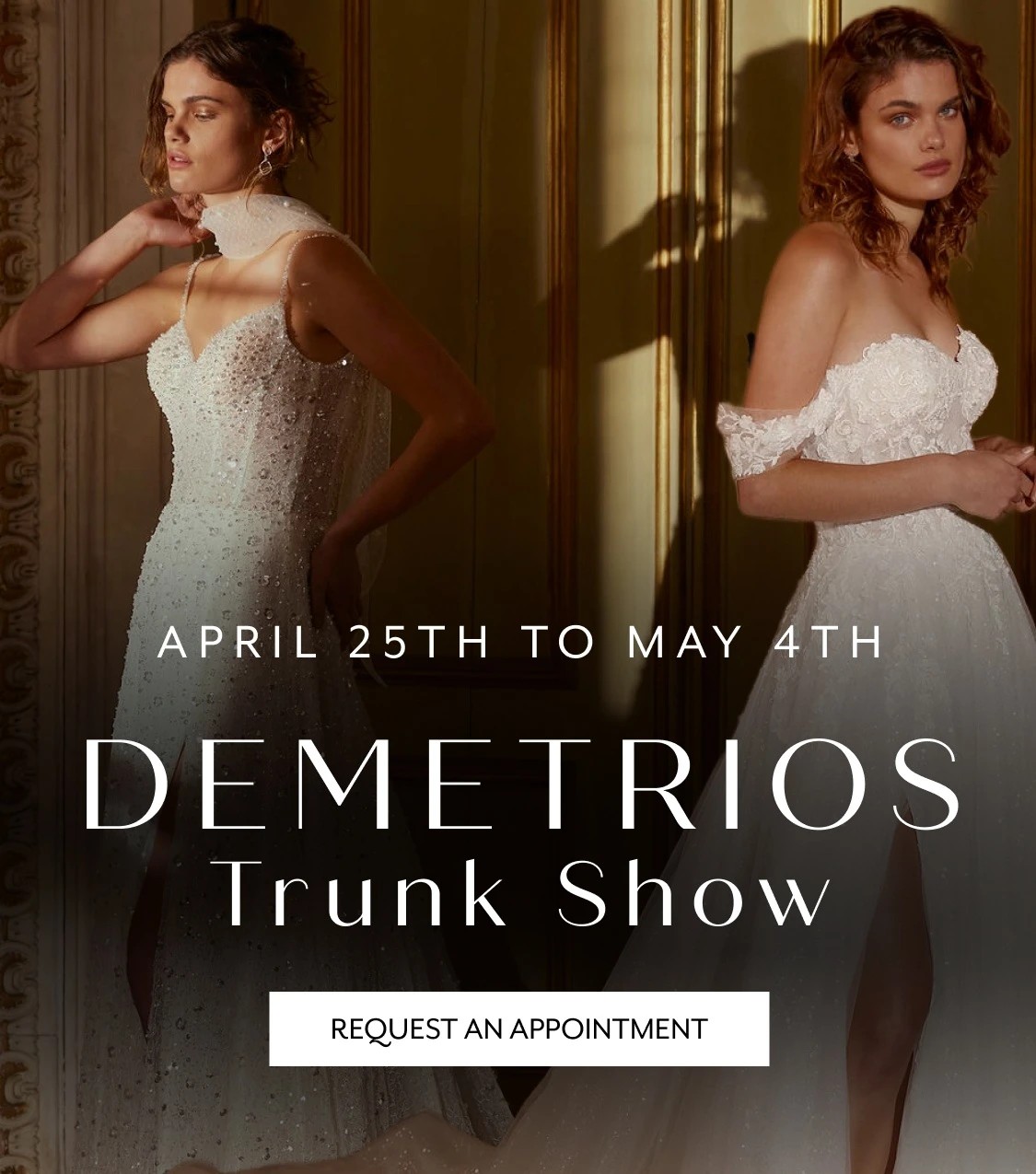 3 models wearing Demetrios gowns, mobile banner
